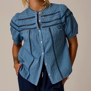 Carve Designs Gabby Voile Sky Blue Pintuck Lace-Trim Button Blouse NWT
